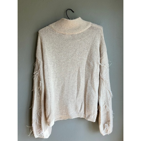 RP Rachel Parcell Womens Mock Neck Knit Sweater Feather Embellished Beige Size L - Picture 3 of 6